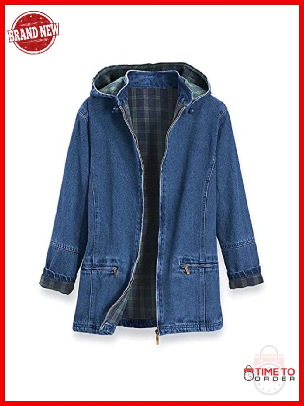 Women's Flannel Lined Denim Jacket with Detachable Hood, Zip Front, Side